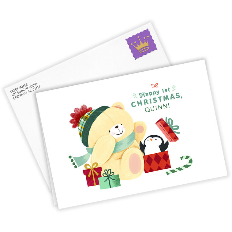 Bear Penguin With Gifts Baby's 1st Christmas Card Card  front with Envelope  image number 2