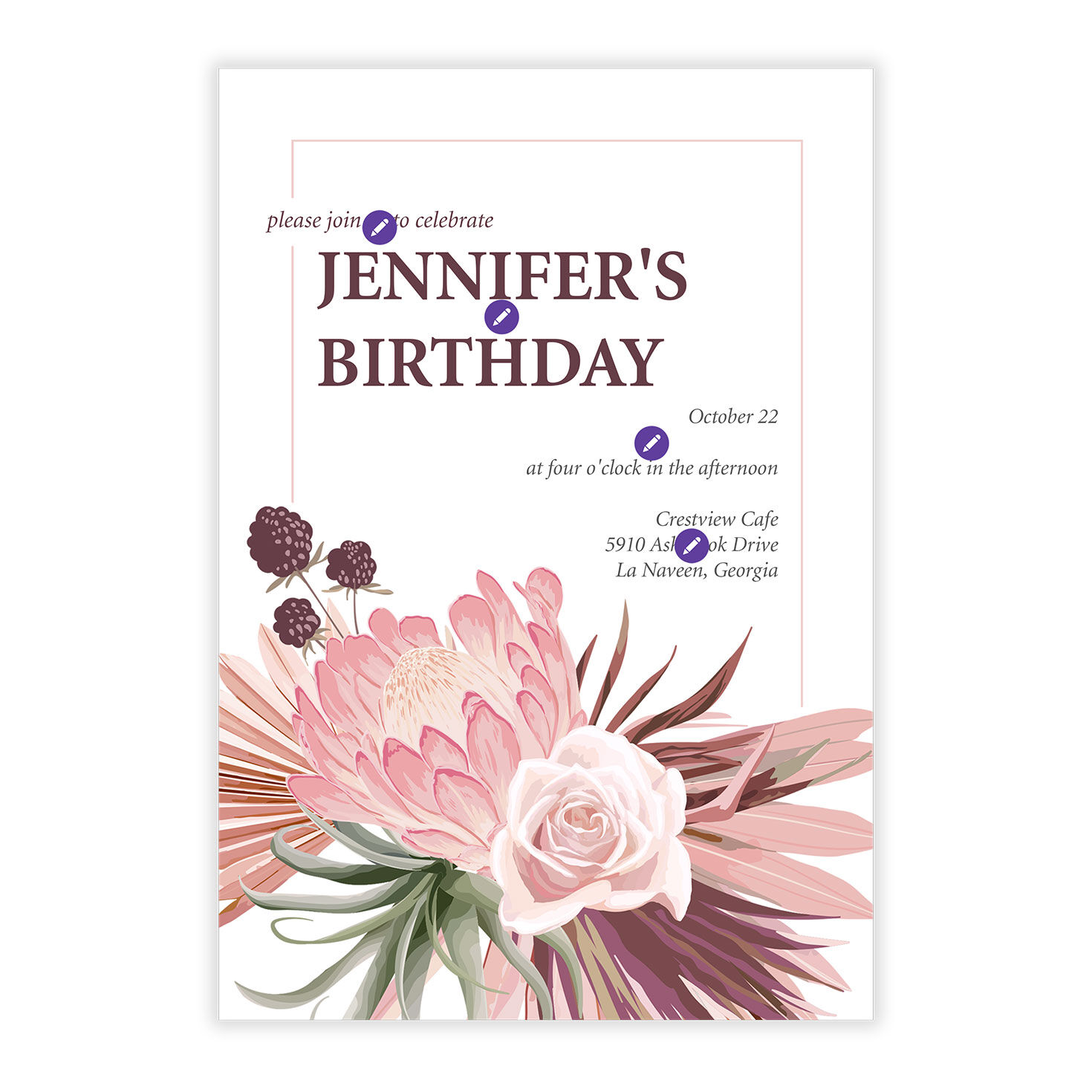 Pink Peony Rose Personalized Party Invitation Card Front indicating personalization image number 5