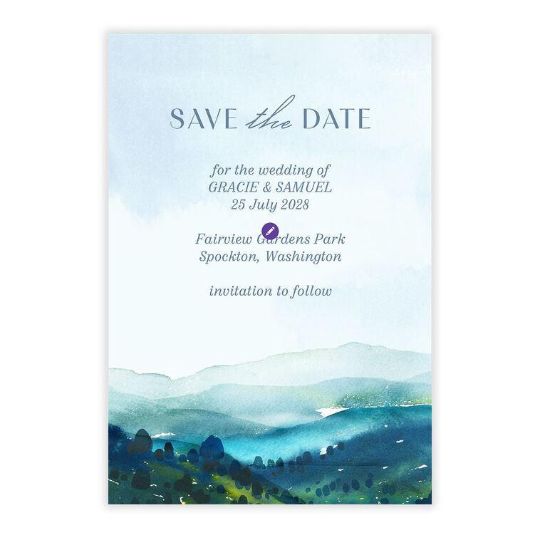 Mountain Scenery Personalized Save the Date Card Card Front indicating personalization image number 5