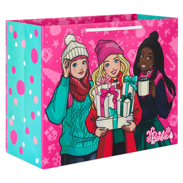 10.4" Barbie™ and Friends on Bright Pink Large Holiday Gift Bag