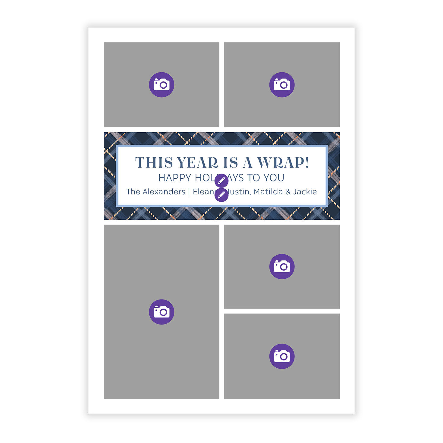 Blue Plaid Photo Grid Personalized Holiday Card Card Front indicating personalization image number 5