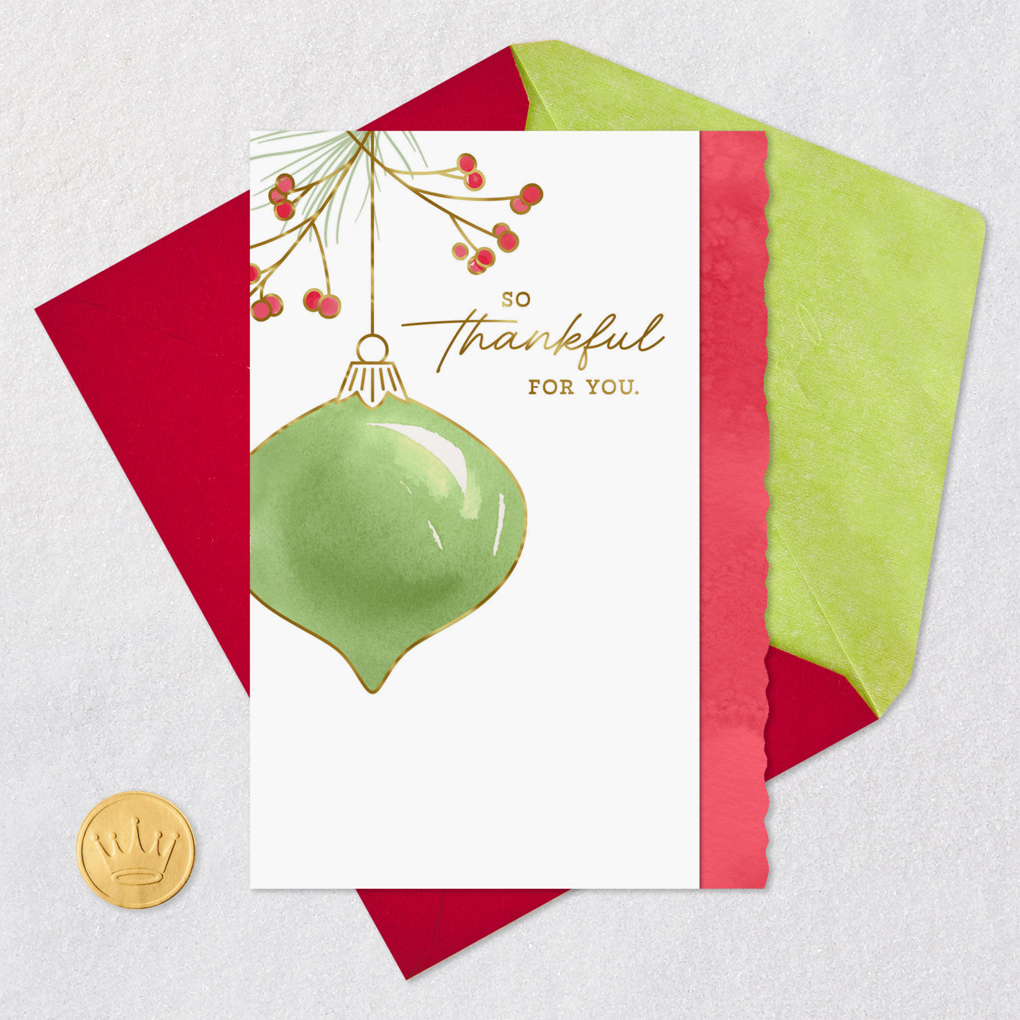 Green Ornament Christmas Card for Service Provider Card Front with Envelope and Gold Seal image number 5