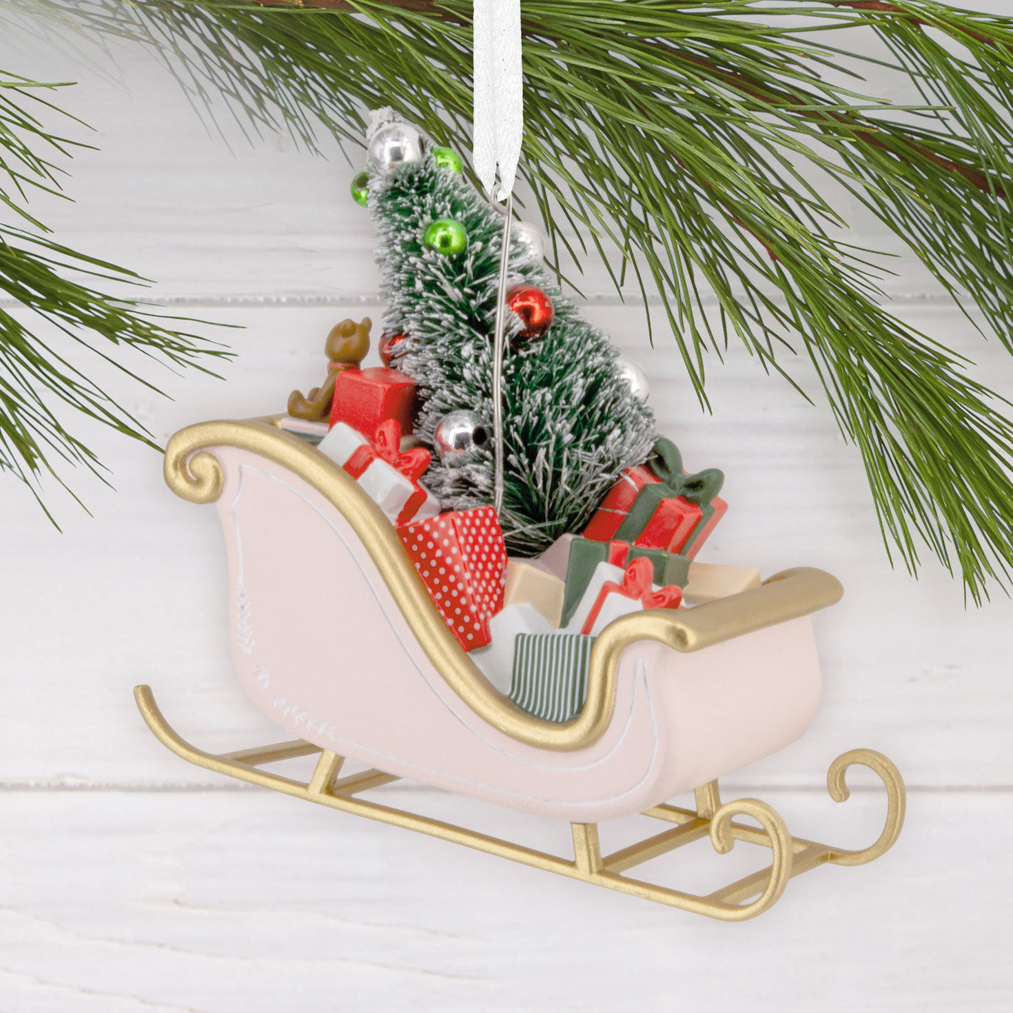 Pink Sleigh Christmas Ornament hanging on tree image number 2