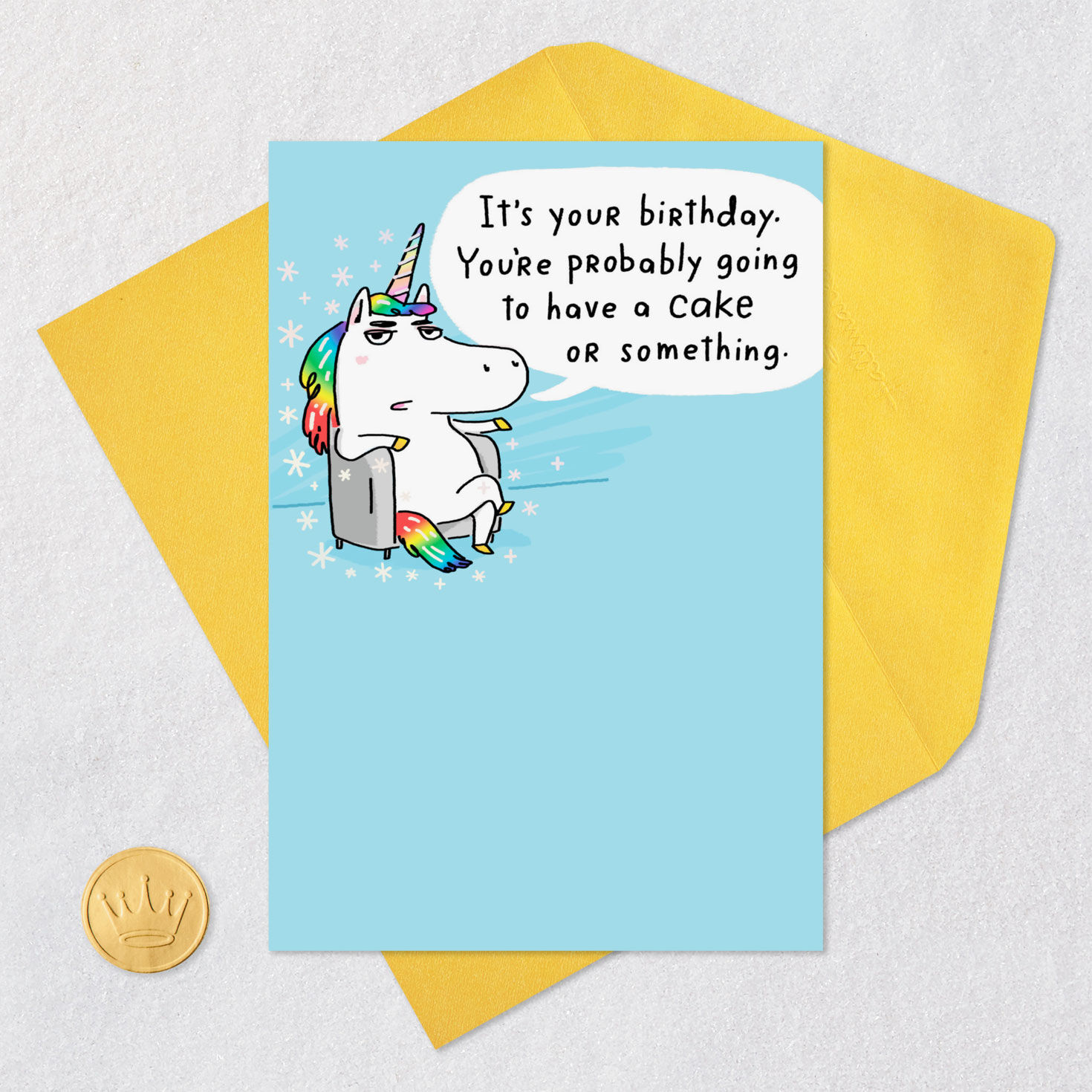 Unimpressed Unicorn on Blue Birthday Card Card front with envelope and gold seal image number 5