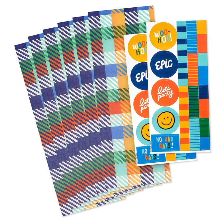 Colorful Plaid Tissue Paper With Gift Tag Stickers, 6 sheets