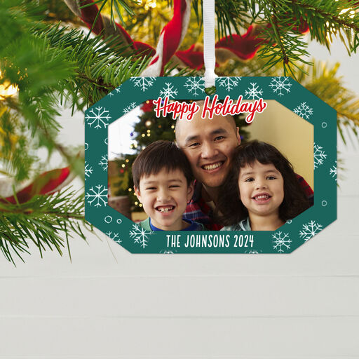 Green Snowflake Personalized Text and Photo Metal Ornament, 