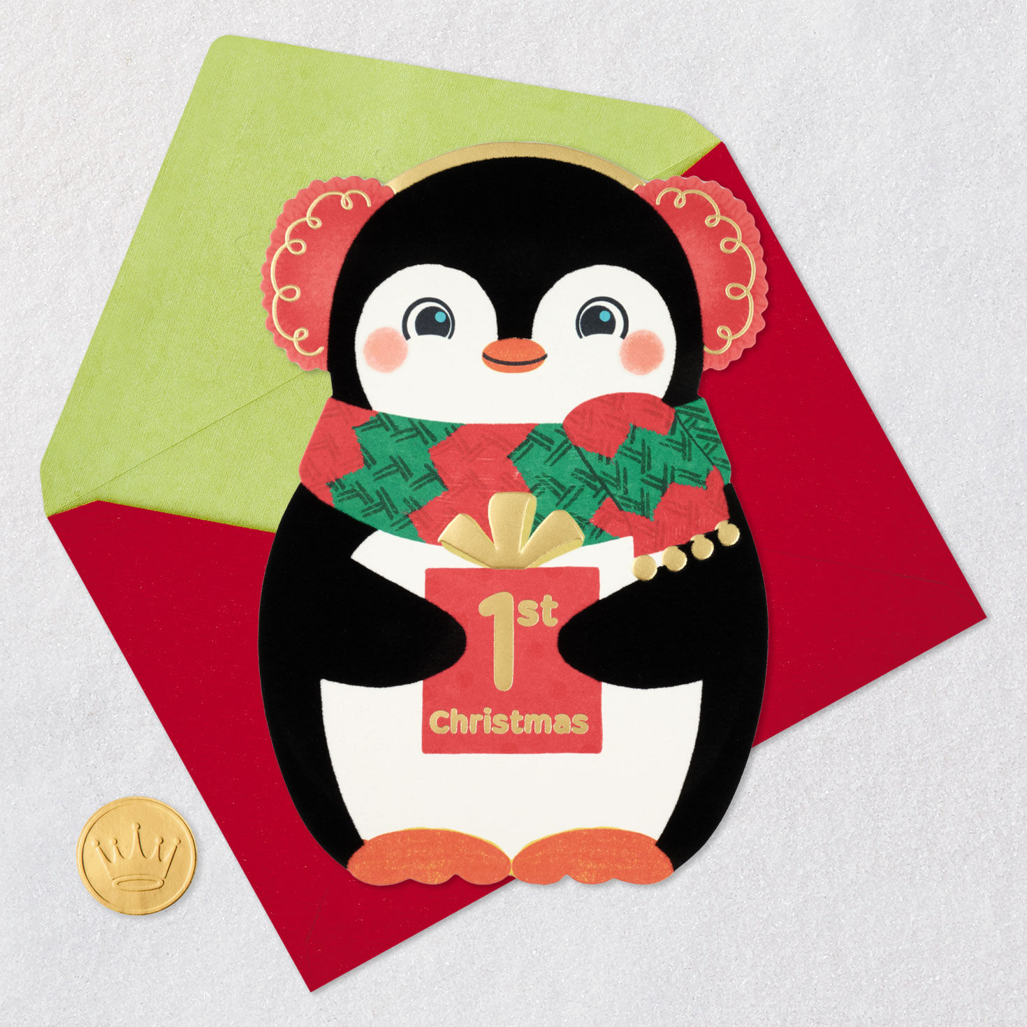Baby's First Christmas Penguin Greeting Card Card Front with Envelope and Gold Seal image number 6