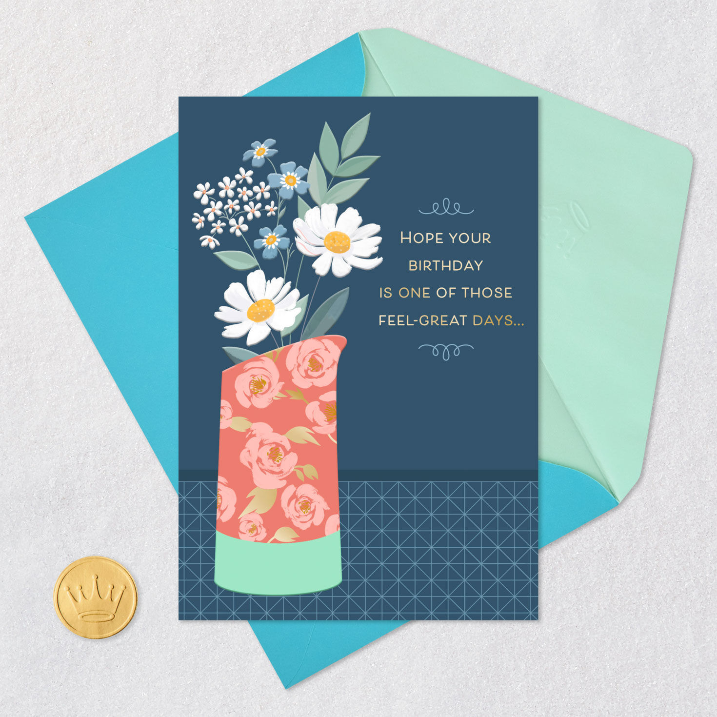 Daisy Vase on Navy Blue Birthday Card Card Front with Envelope and Gold Seal image number 5