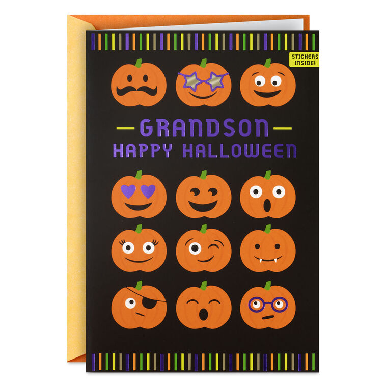 Fun Pumpkin Faces Halloween Card With Stickers for Grandson