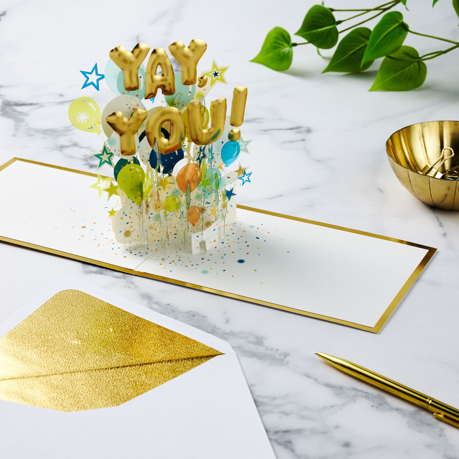 Gold Yay You Balloons Pop-Up Congratulations Card card popped up with pen and envelope image number 6