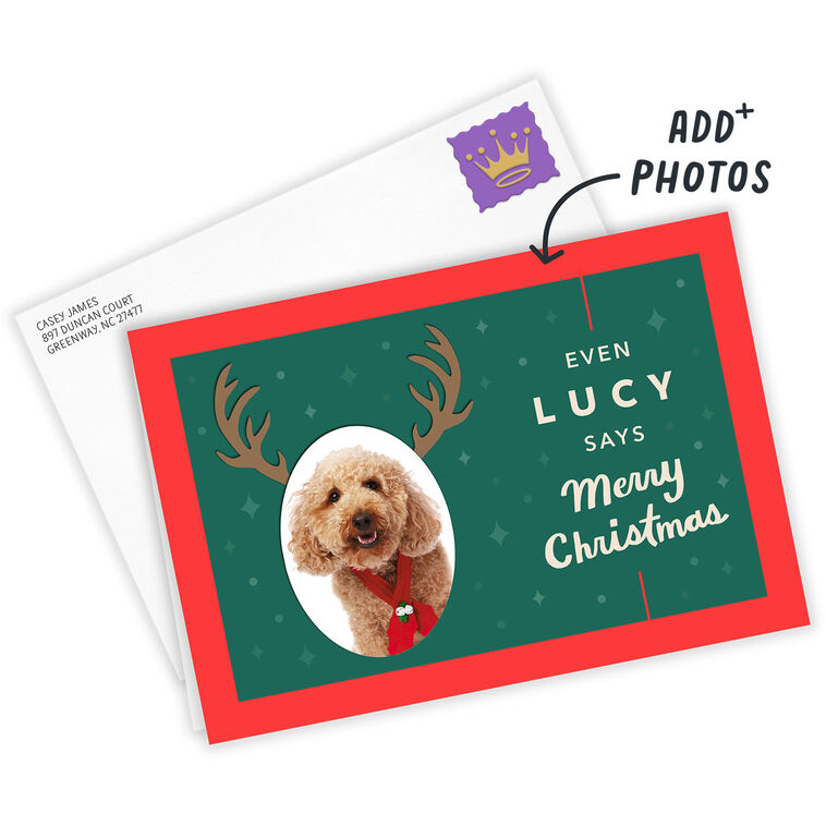 Antlers on Oval Photo Personalized Christmas Card Card Front indicating personalization image number 2