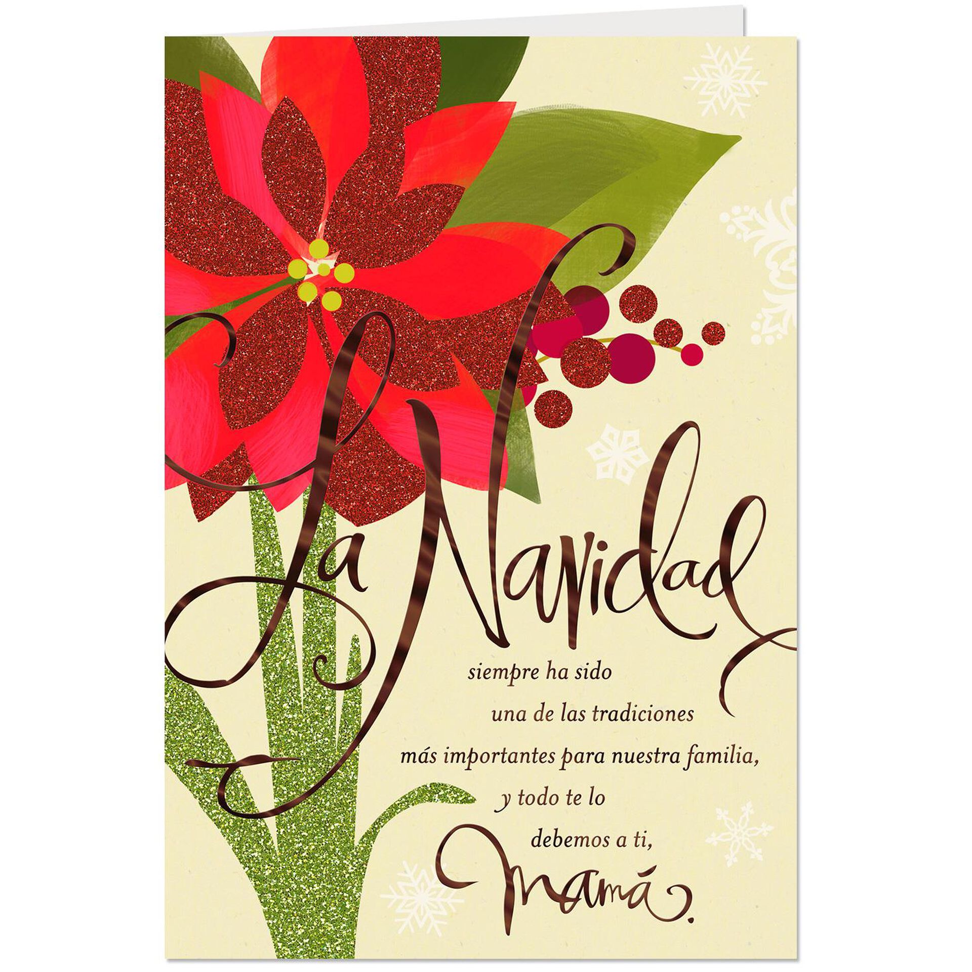 Glittery Poinsettia Spanish-Language Christmas Card for Mom - Greeting