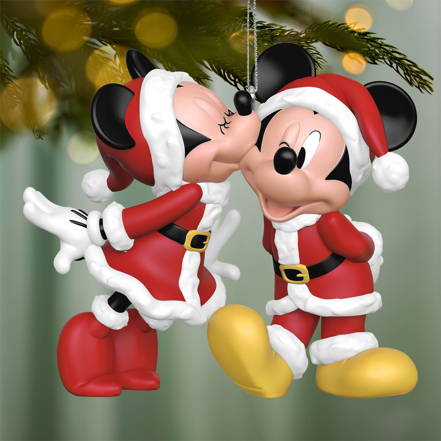 Holiday Minnie Kissing Mickey Keepsake Ornament hanging on tree image number 2