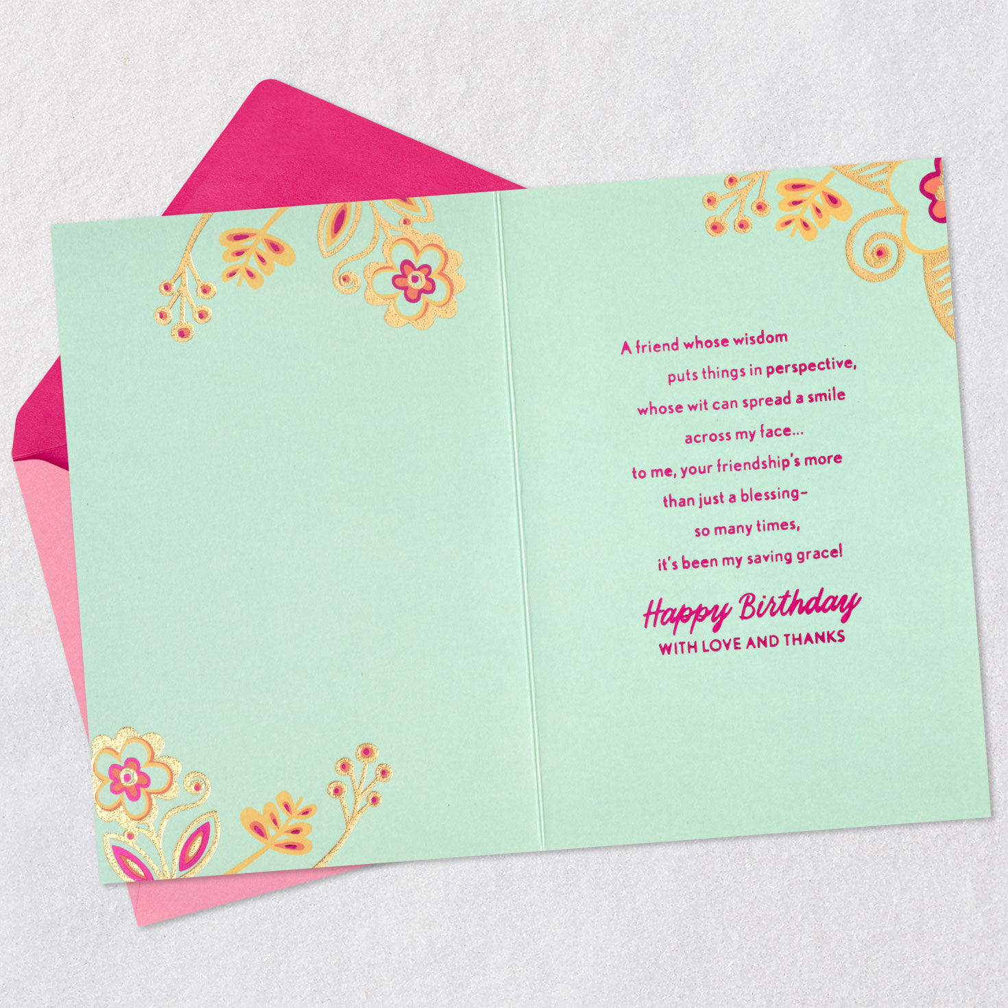 Retro Flowers on Mint Birthday Card for Friend Open card with envelope image number 3