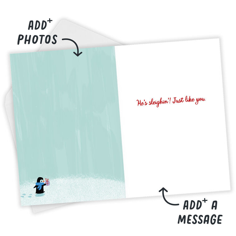 Elves Penguins in Snow Personalized Christmas Card Open Card with Envelope indicating personalization image number 3