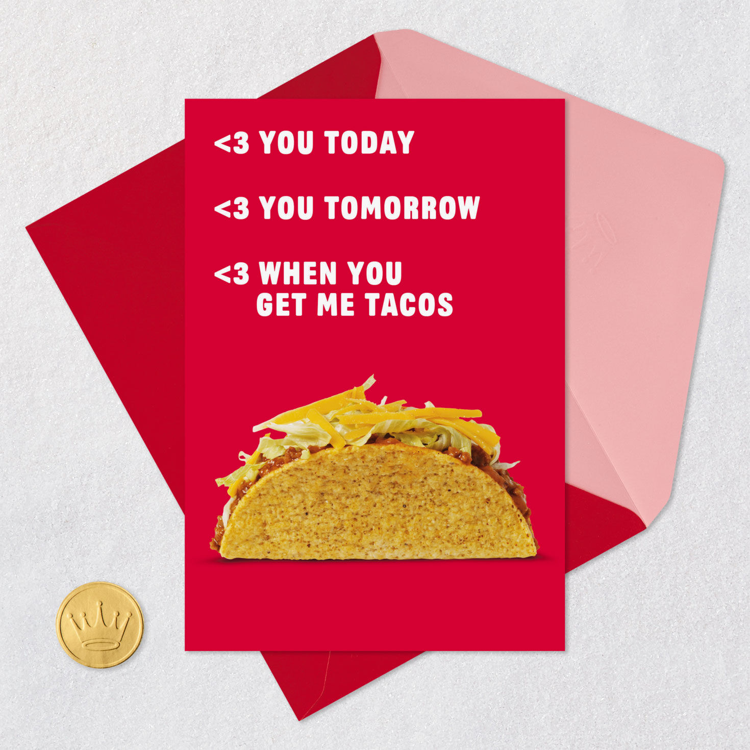 Crunchy Taco on Red Funny Love Card for Adults Card Front with Envelope and Gold Seal image number 6