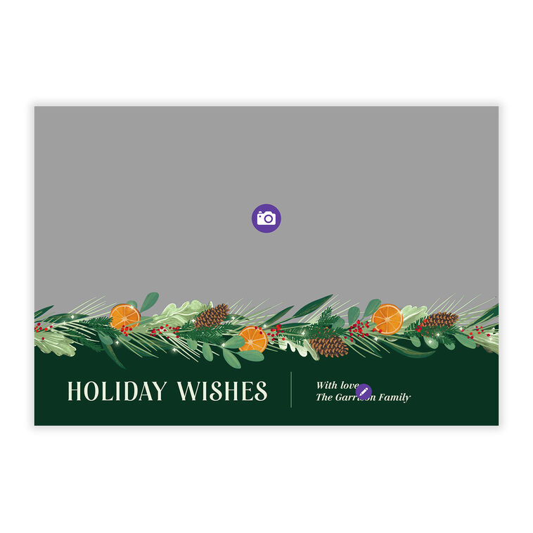 Pine Citrus Garland Personalized Holiday Photo Card Card Front indicating personalization image number 5