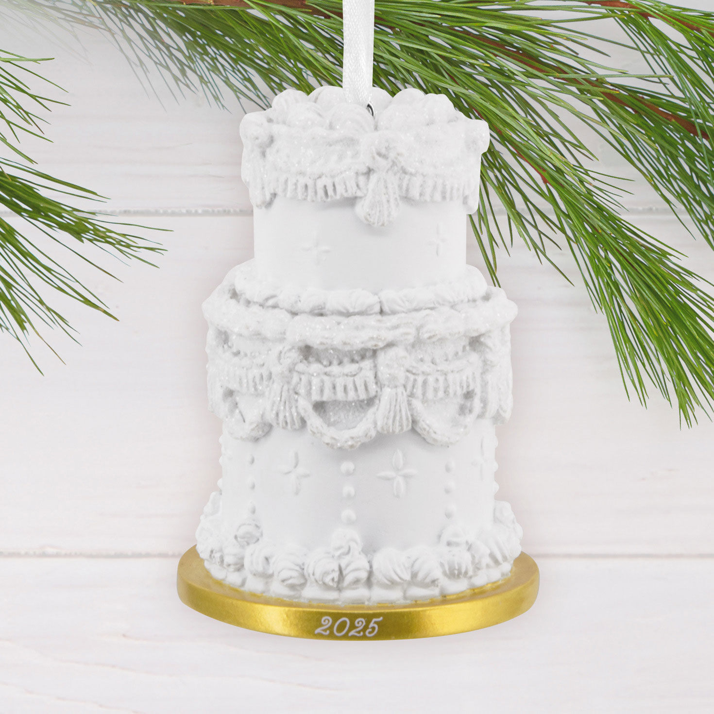 Fancy White Wedding Cake 2025 Christmas Ornament hanging on tree image number 2