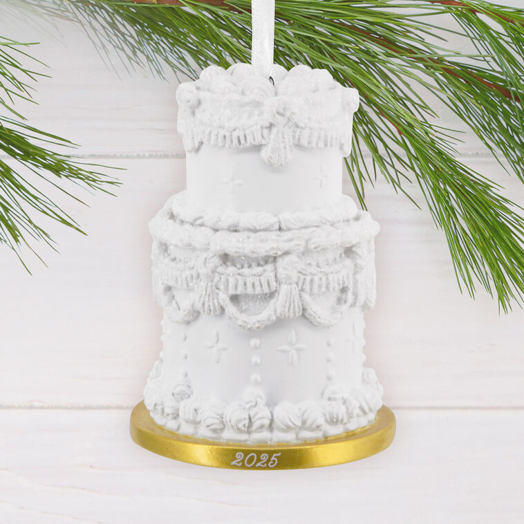 Fancy White Wedding Cake 2025 Christmas Ornament hanging on tree image number 2