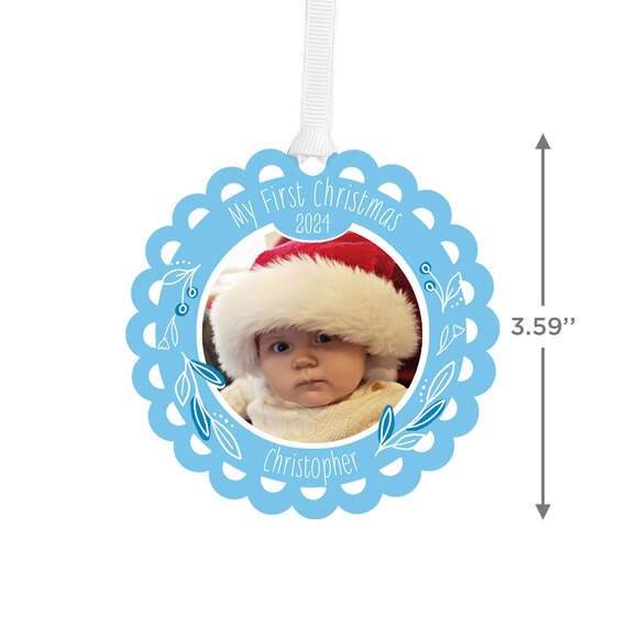 Baby's First Christmas Blue Scalloped Personalized Text and Photo Metal Ornament, , large image number 3