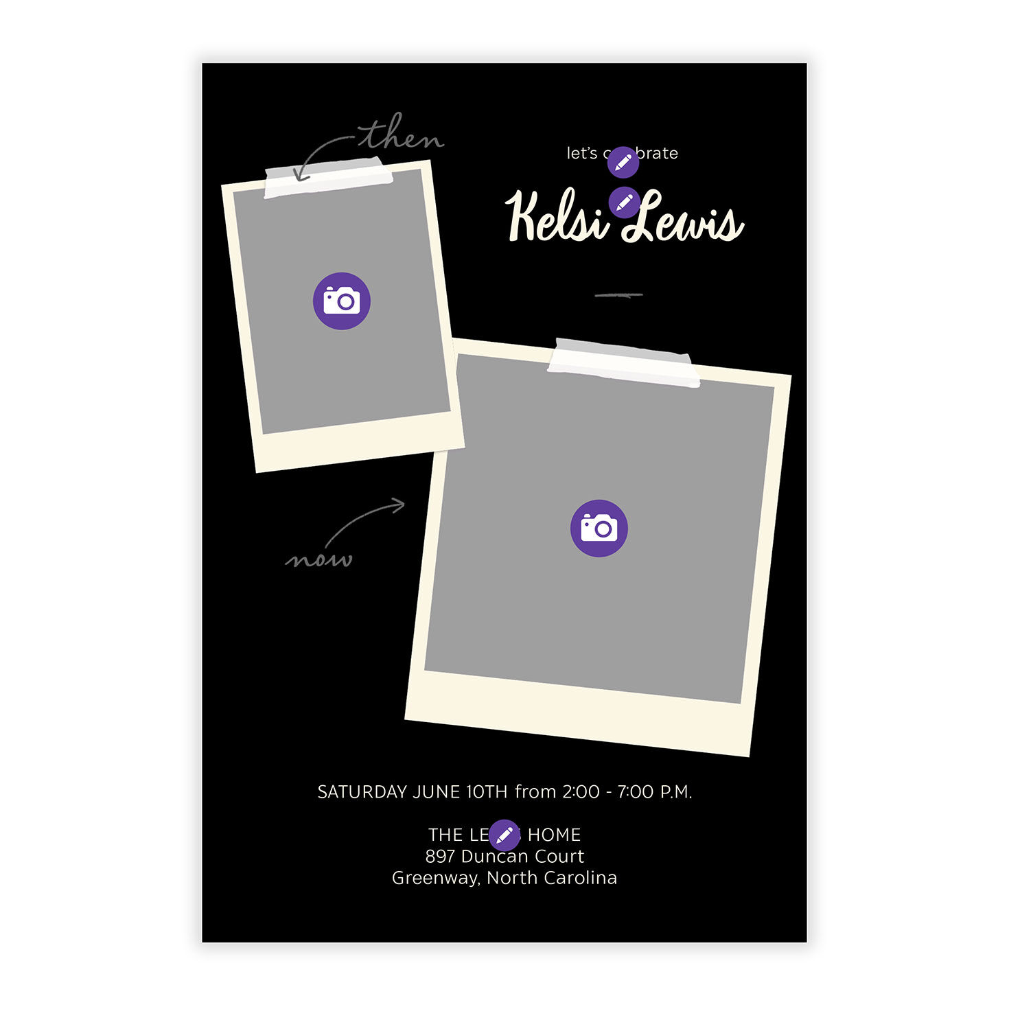 Two Polaroid Photos on Black Grad Party Invitation Card Front indicating personalization image number 5
