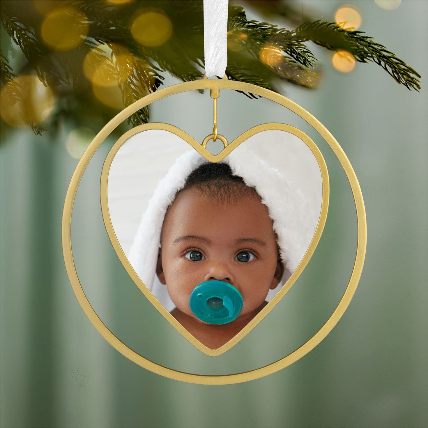 Gold Heart in Ring Personalized Photo Ornament hanging on tree image number 2