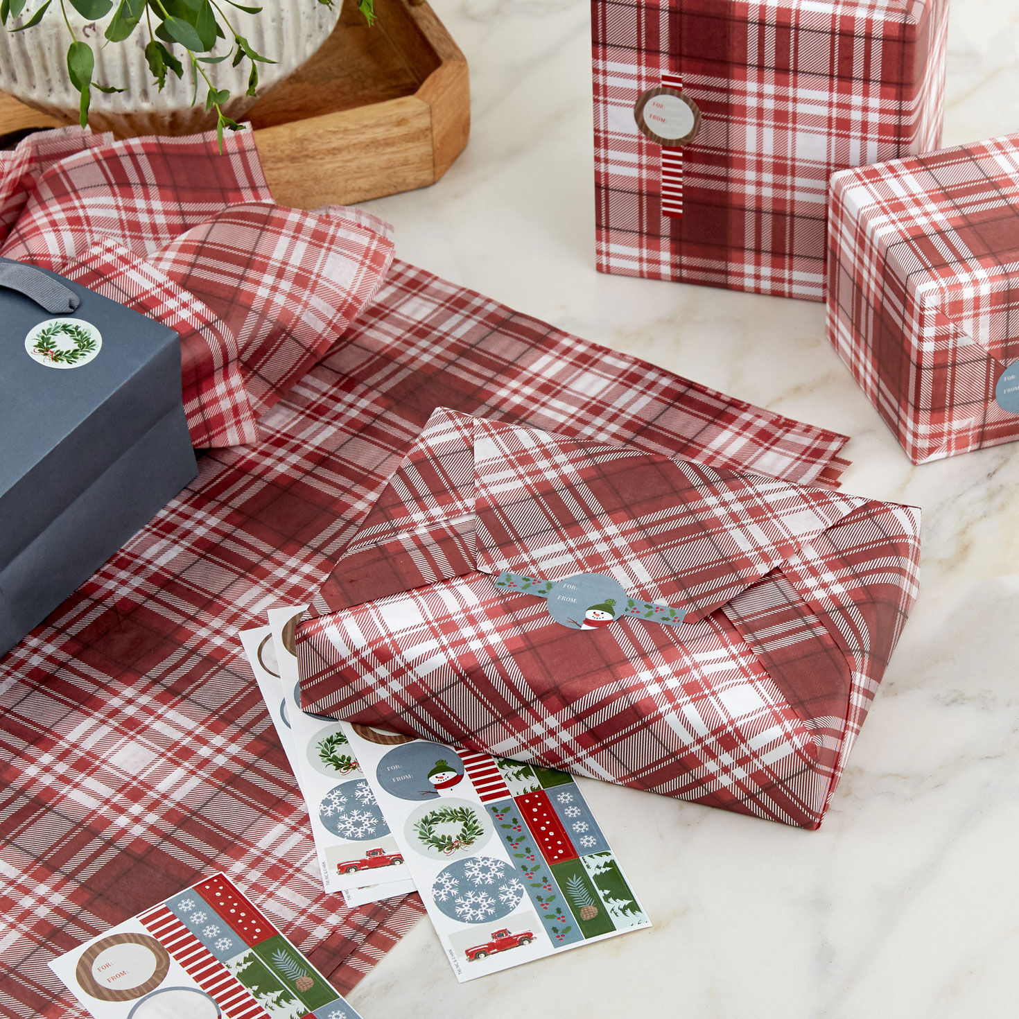 Red and White Holiday Plaid Tissue Paper With Gift Tag Stickers, 10 sheets, , large image number 2