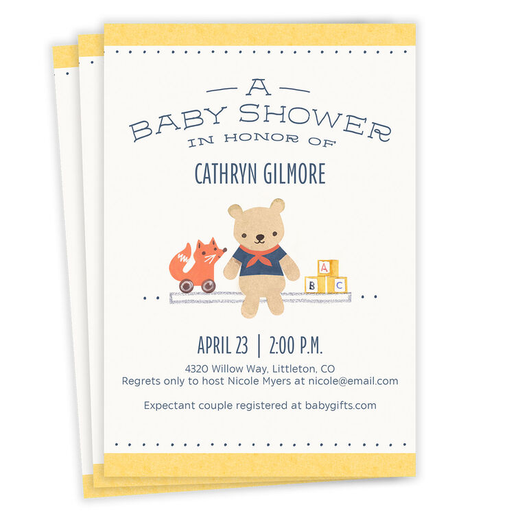 Teddy Bear and Blocks Flat Baby Shower Invitation