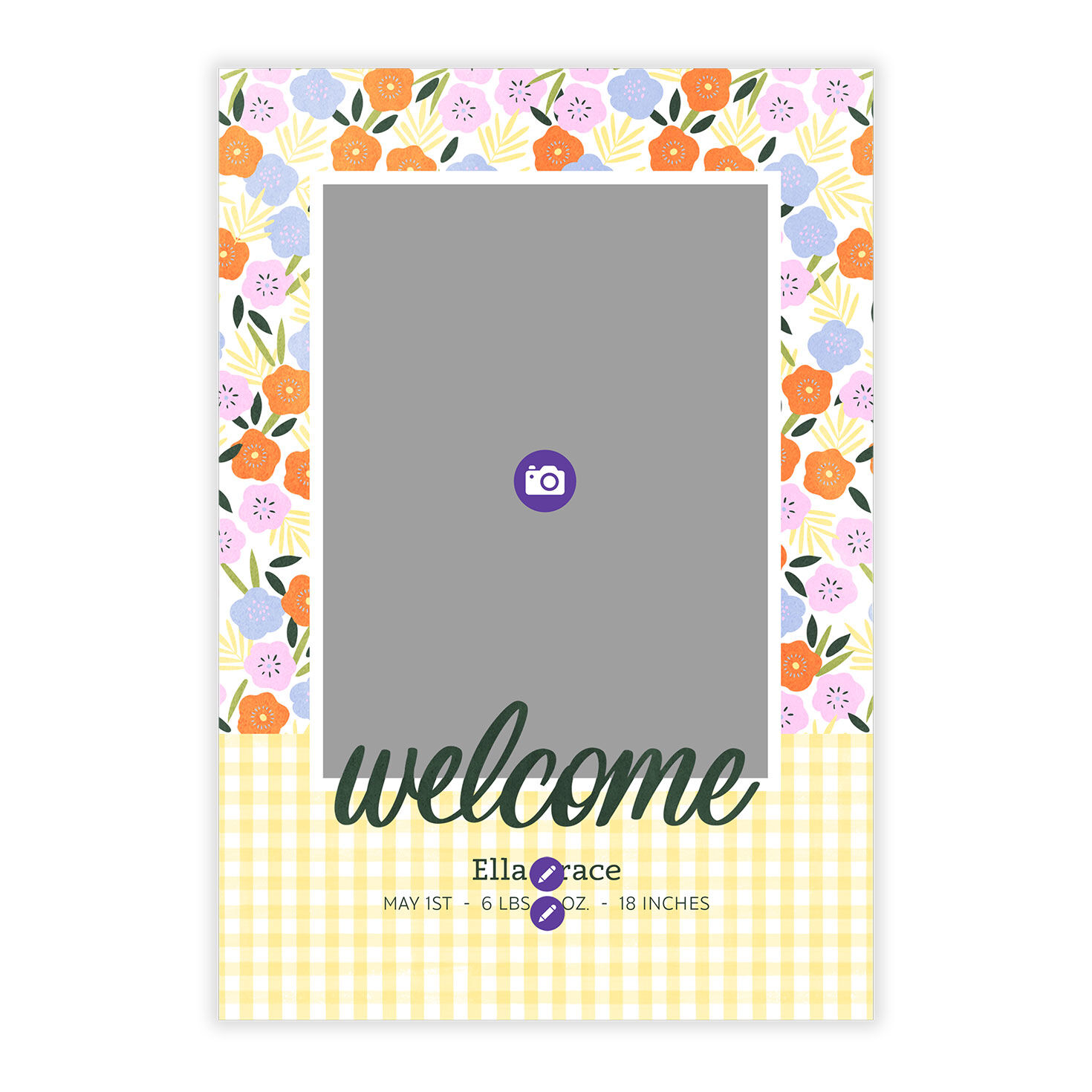 Flowers Yellow Gingham Personalized Baby Announcement Card Front indicating personalization image number 5