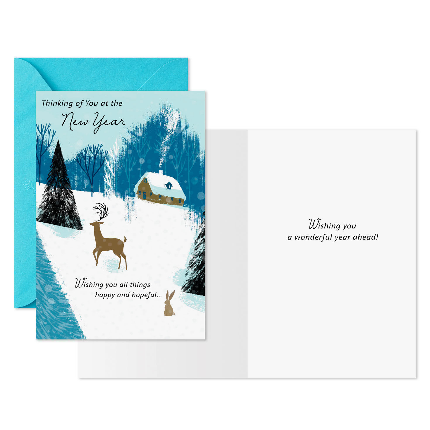 Deer and Snowy Cabin New Year Cards Pack Card Front with Sentiment image number 2
