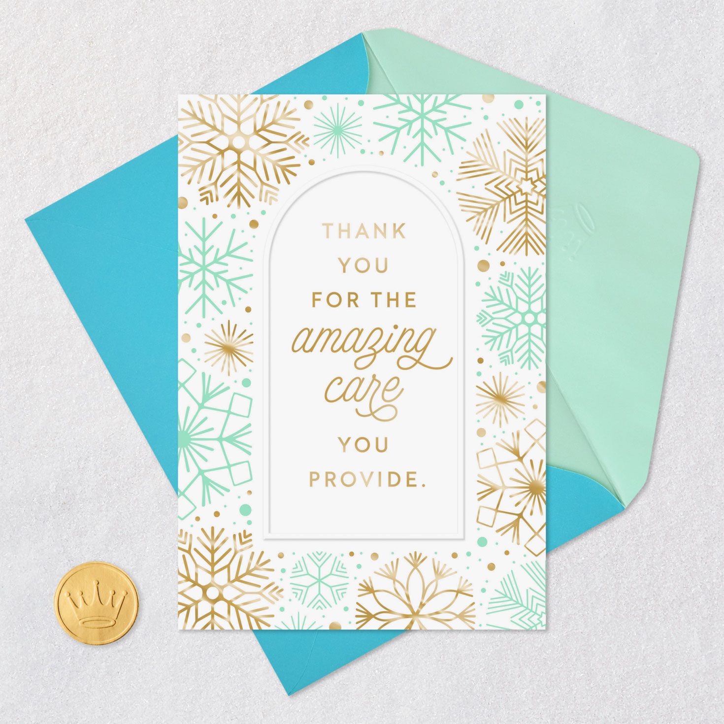 Mint Green and Gold Snowflakes Nurse Christmas Card Card Front with Envelope and Gold Seal image number 5