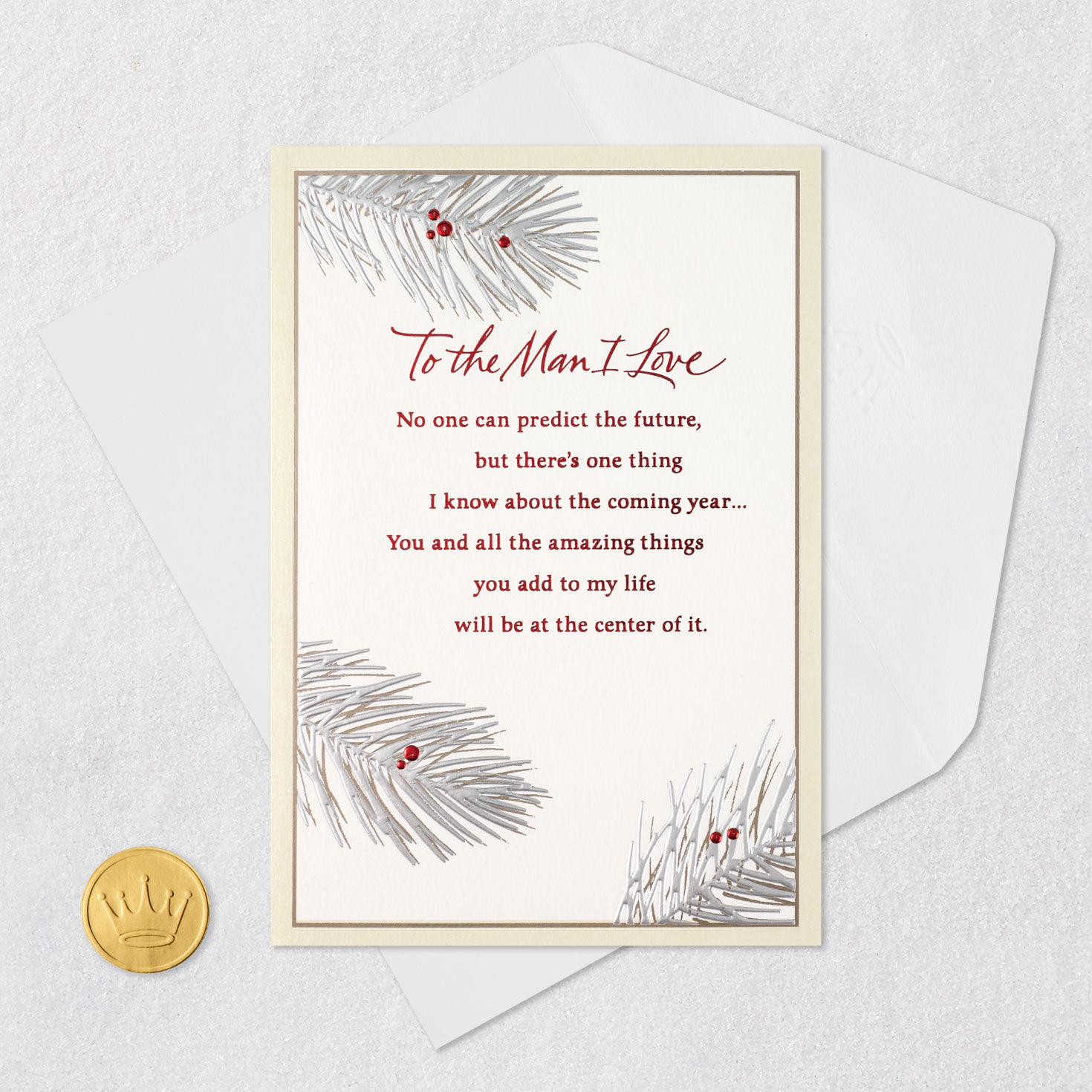 Pine Boughs and Berries Romantic Christmas Card for Him Card Front with Envelope and Gold Seal image number 7