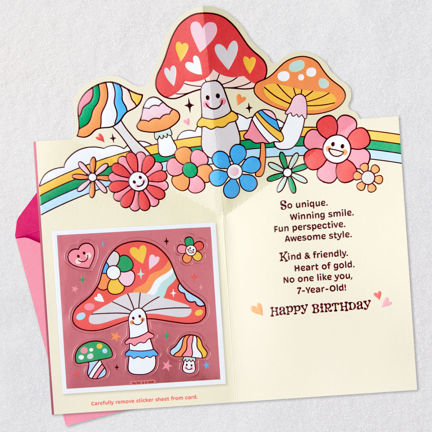 Mushrooms & Flowers Stickers Pop-Up 7th Birthday Card Open card with envelope image number 2