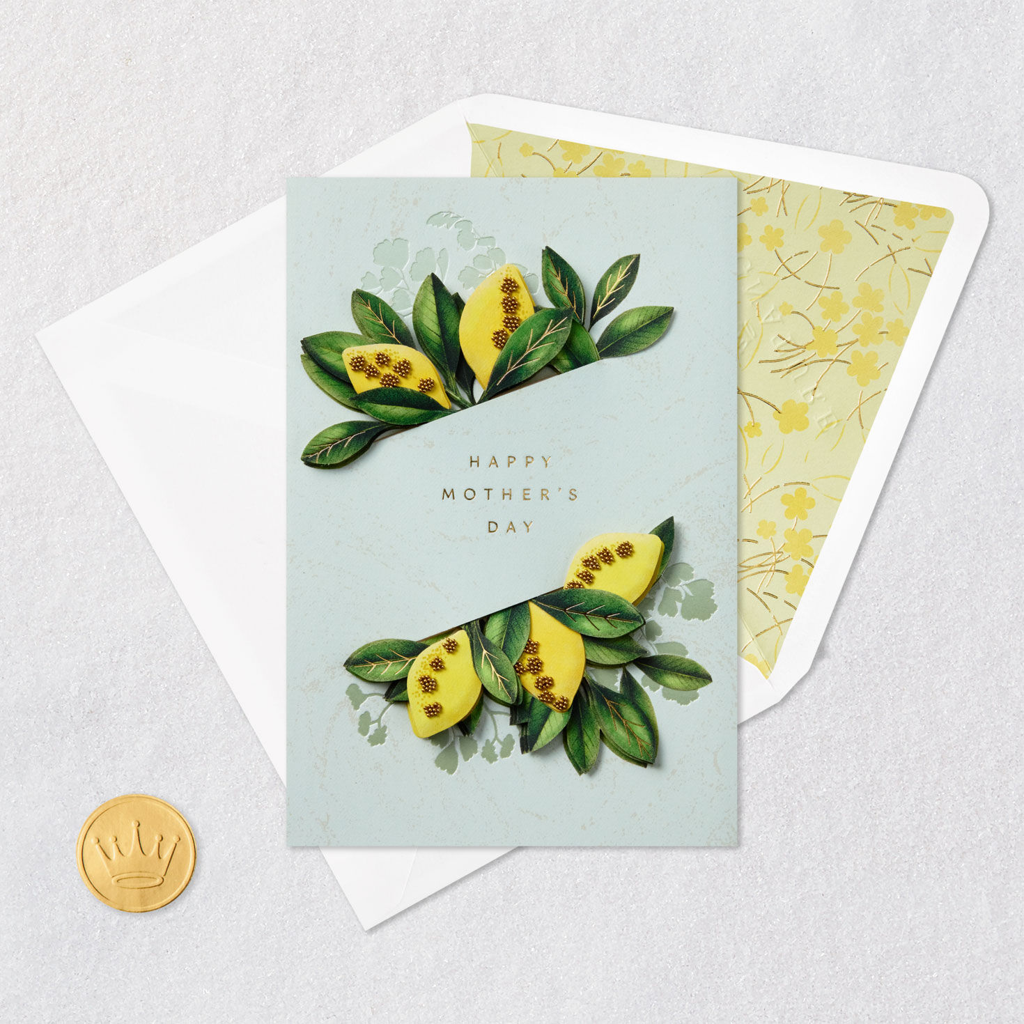 Beaded Lemons on Blue Happy Mother's Day Card Card Front with Envelope and Gold Seal image number 5