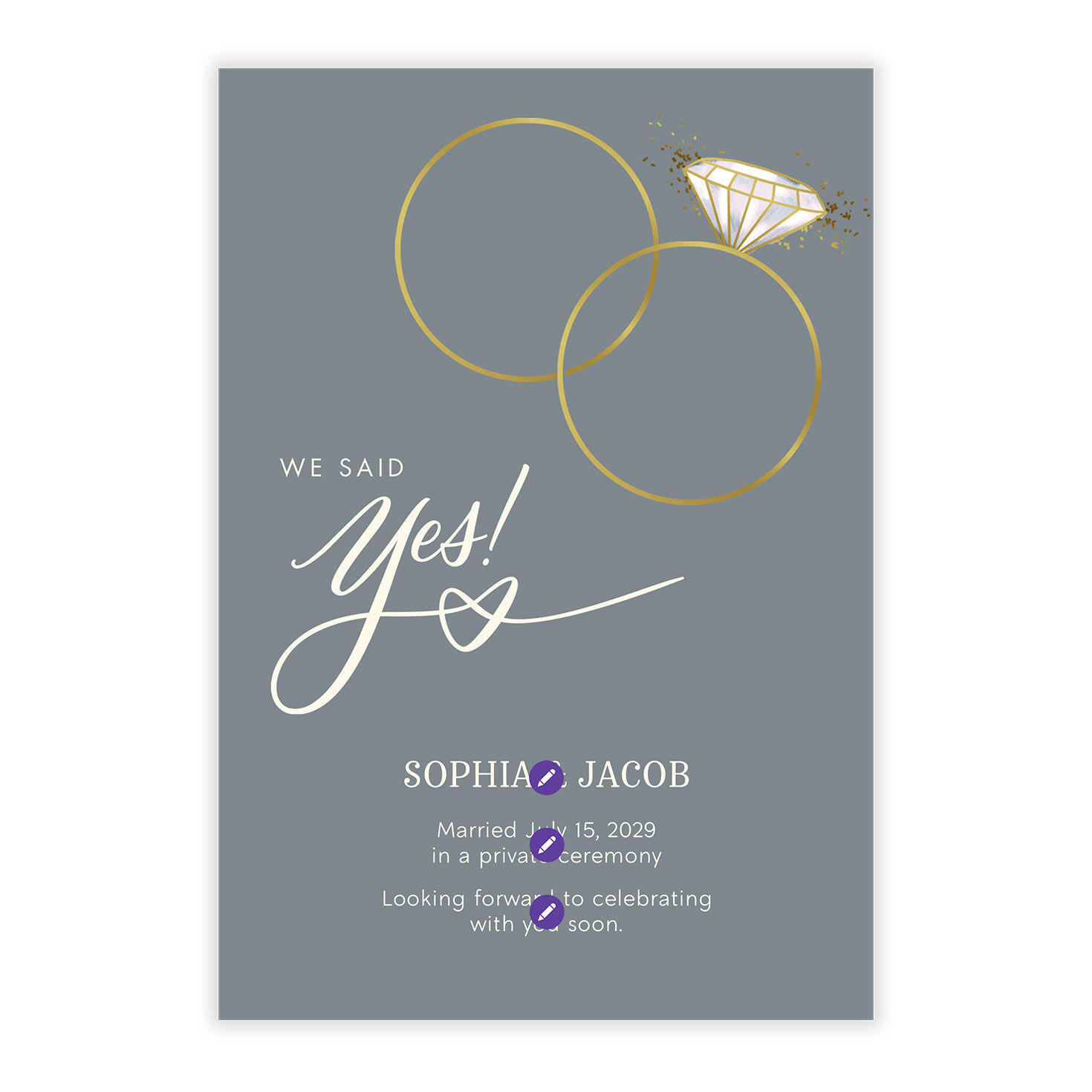 Gold Rings on Gray Personalized Wedding Announcement Card Front indicating personalization image number 5