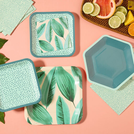 Aqua With Green Dots Square Dessert Plates, Set of 8, 
