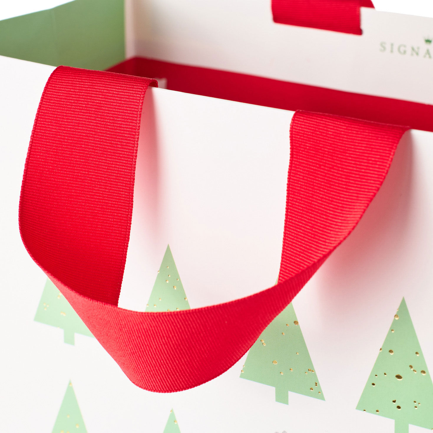 Green and Red Trees on White Square Holiday Gift Bag Handle Detail image number 5