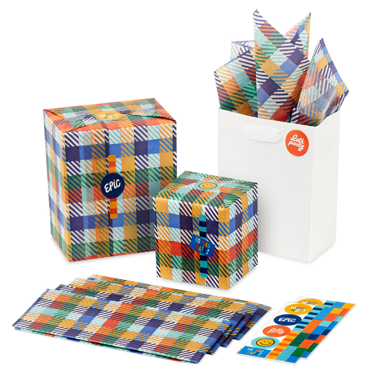 Multicolor Plaid Tissue Paper and Gift Tag Stickers in use image number 2