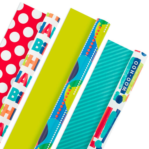 Birthday Celebration 3-Pack Reversible Wrapping Paper, 