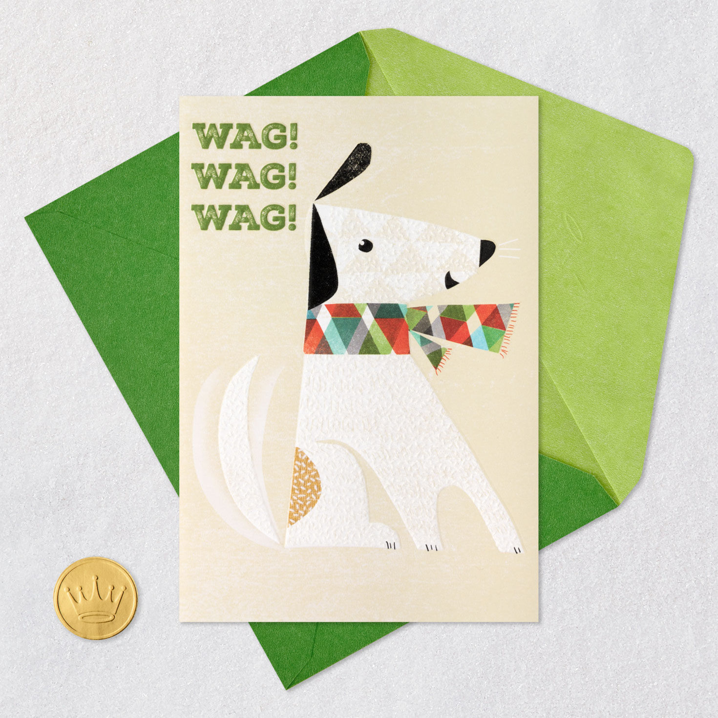 Dog With Plaid Scarf Holiday Card From the Dog Card Front with Envelope and Gold Seal image number 6