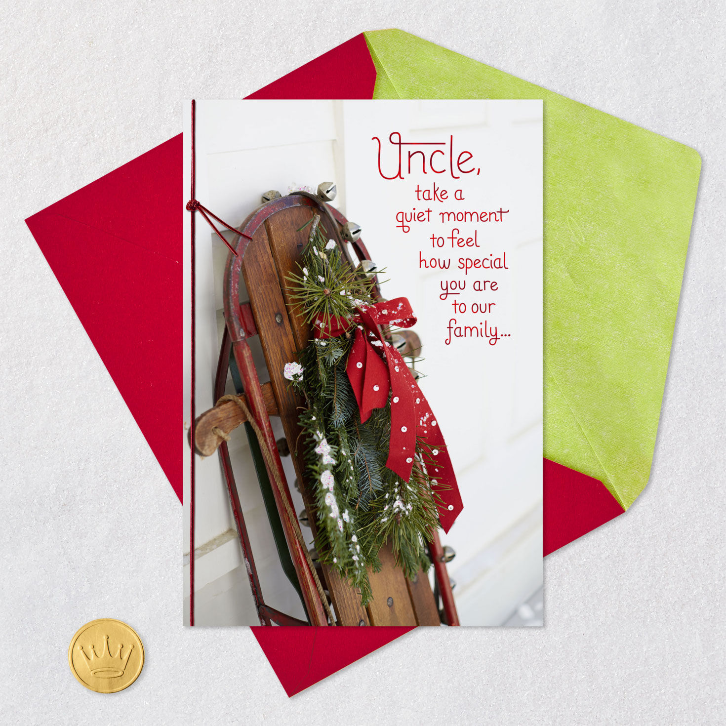 Vintage Sled and Swag Christmas Card for Uncle Card Front with Envelope and Gold Seal image number 5