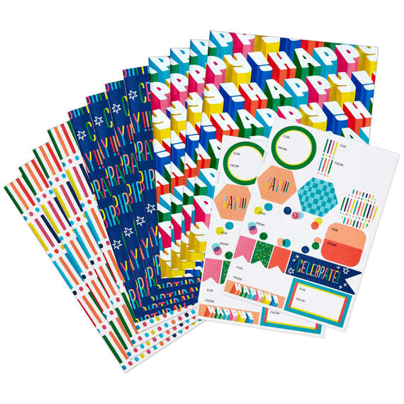 Birthdays and Beyond Reversible Flat Wrapping Paper Assortment With Gift Tags, 12 sheets