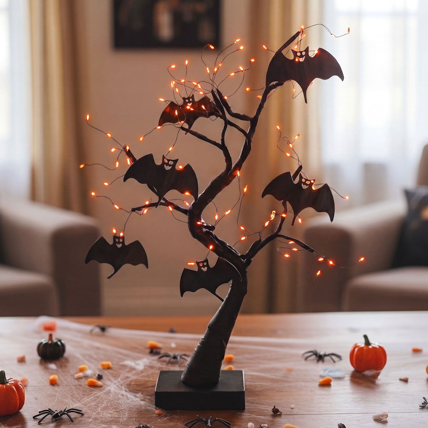 2 ft Battery-Operated Black Willow Halloween Tree with Bats in use image number 2