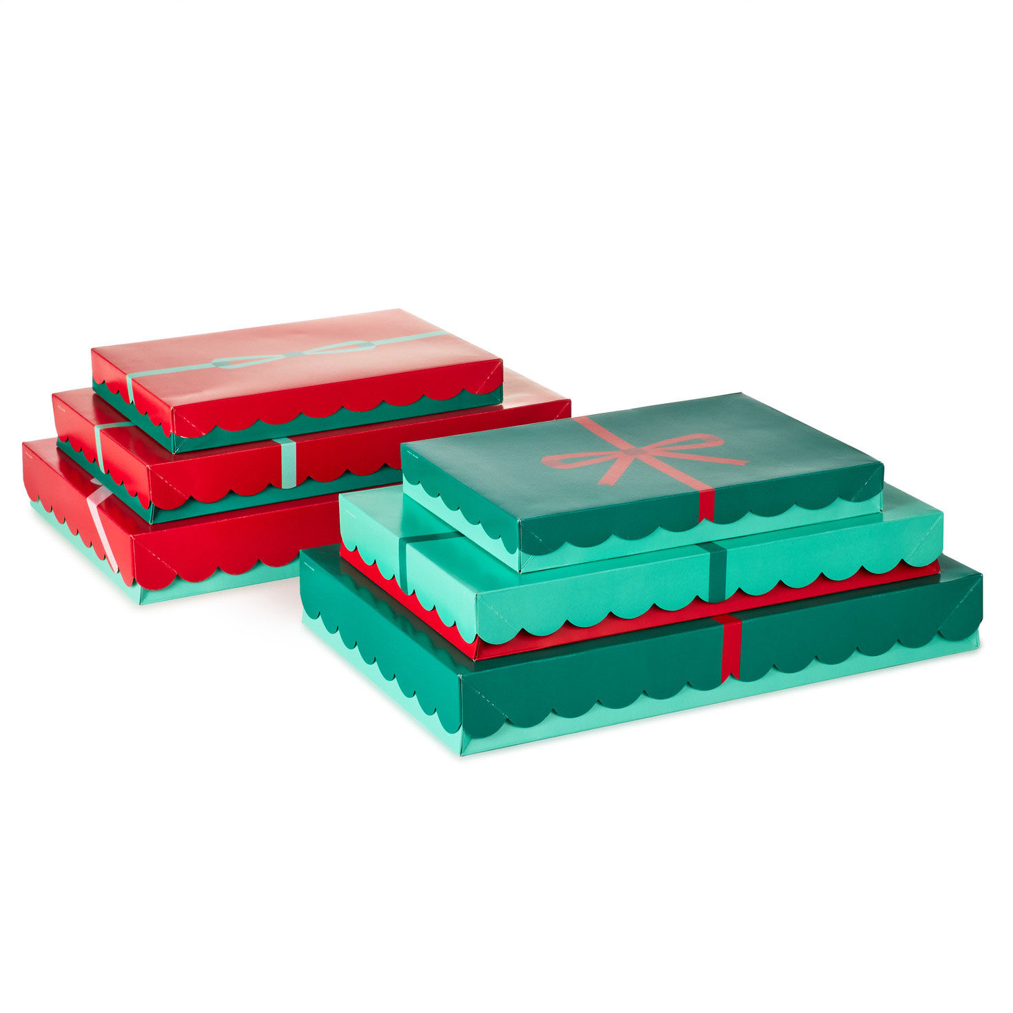 Red and Green Scalloped 6-Pack Assorted Sizes Christmas Gift Box Bundle