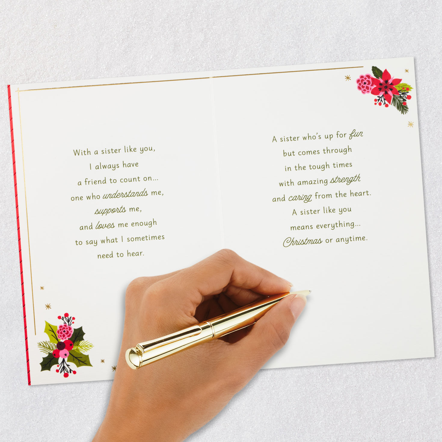 Red Floral Snowflake Christmas Card for Sister Signing card image number 7