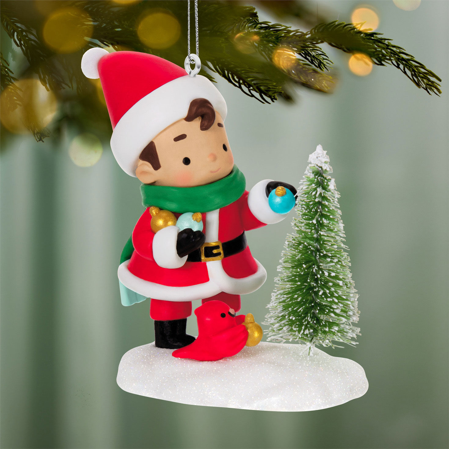 Santa Boy and Bird Decorating Tree Ornament hanging on tree image number 2