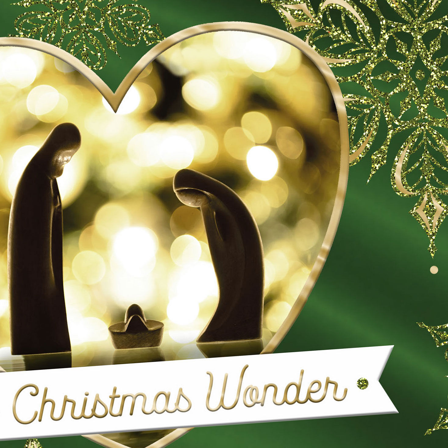 Gold Snowflakes on Green Religious Christmas Card Card Front Detail image number 5