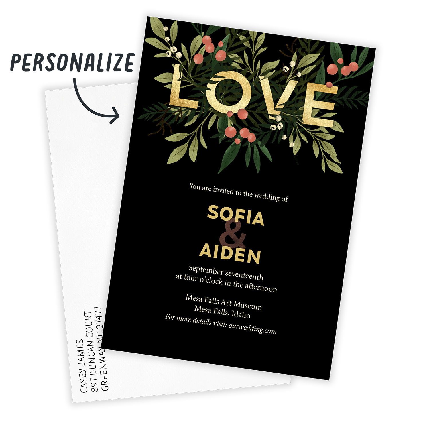 Gold Love on Black Personalized Wedding Invitation Card Front indicating personalization image number 2