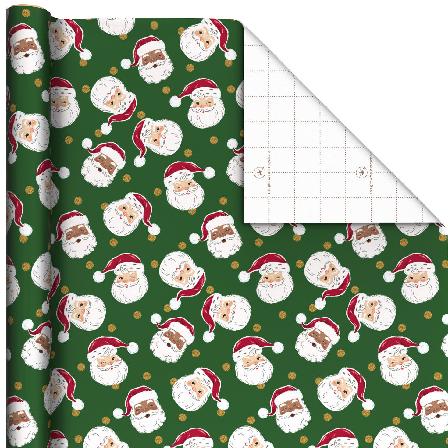 A roll of green wrapping paper with Santa faces on it