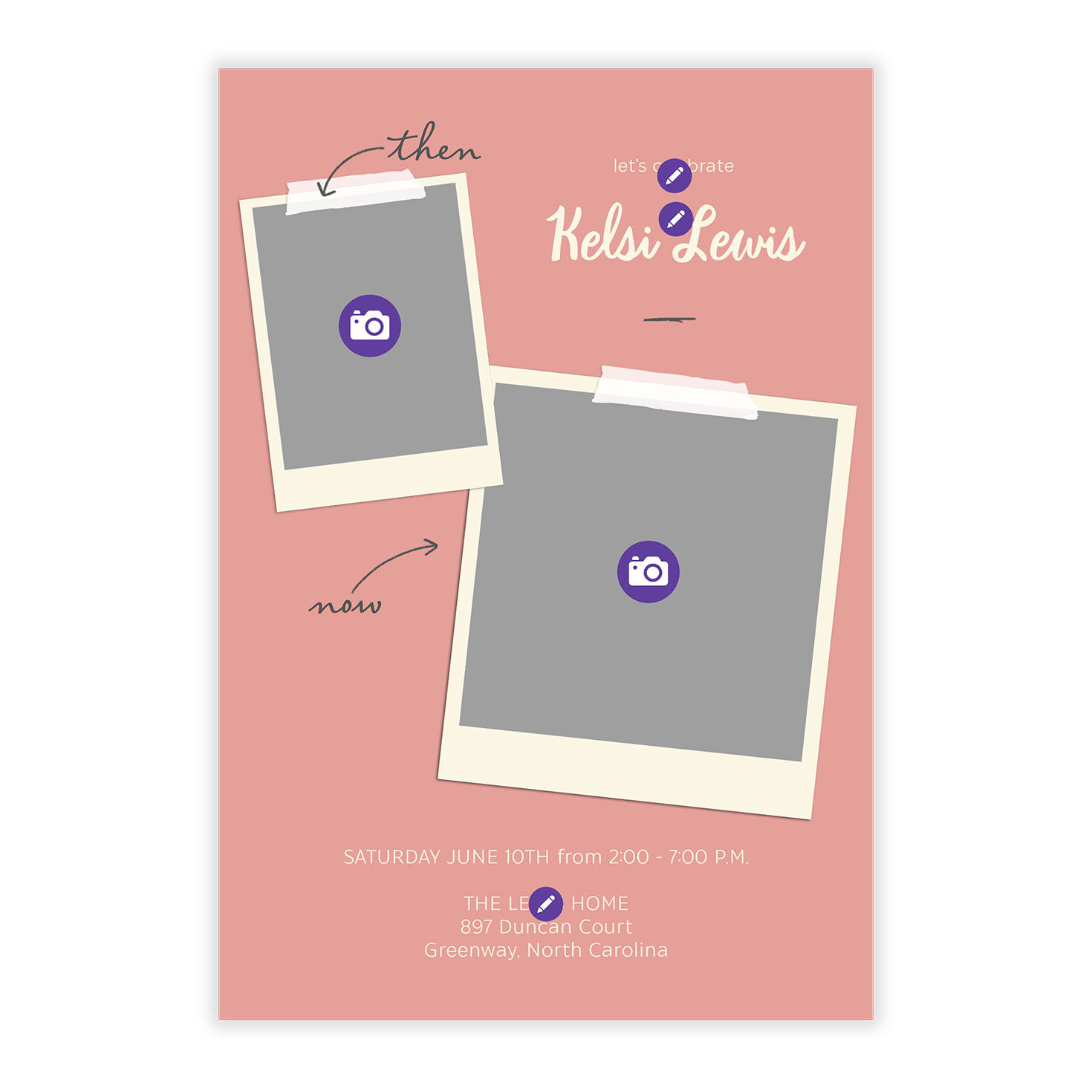 Two Polaroid Photos on Purple Grad Party Invitation Card Front indicating personalization image number 5